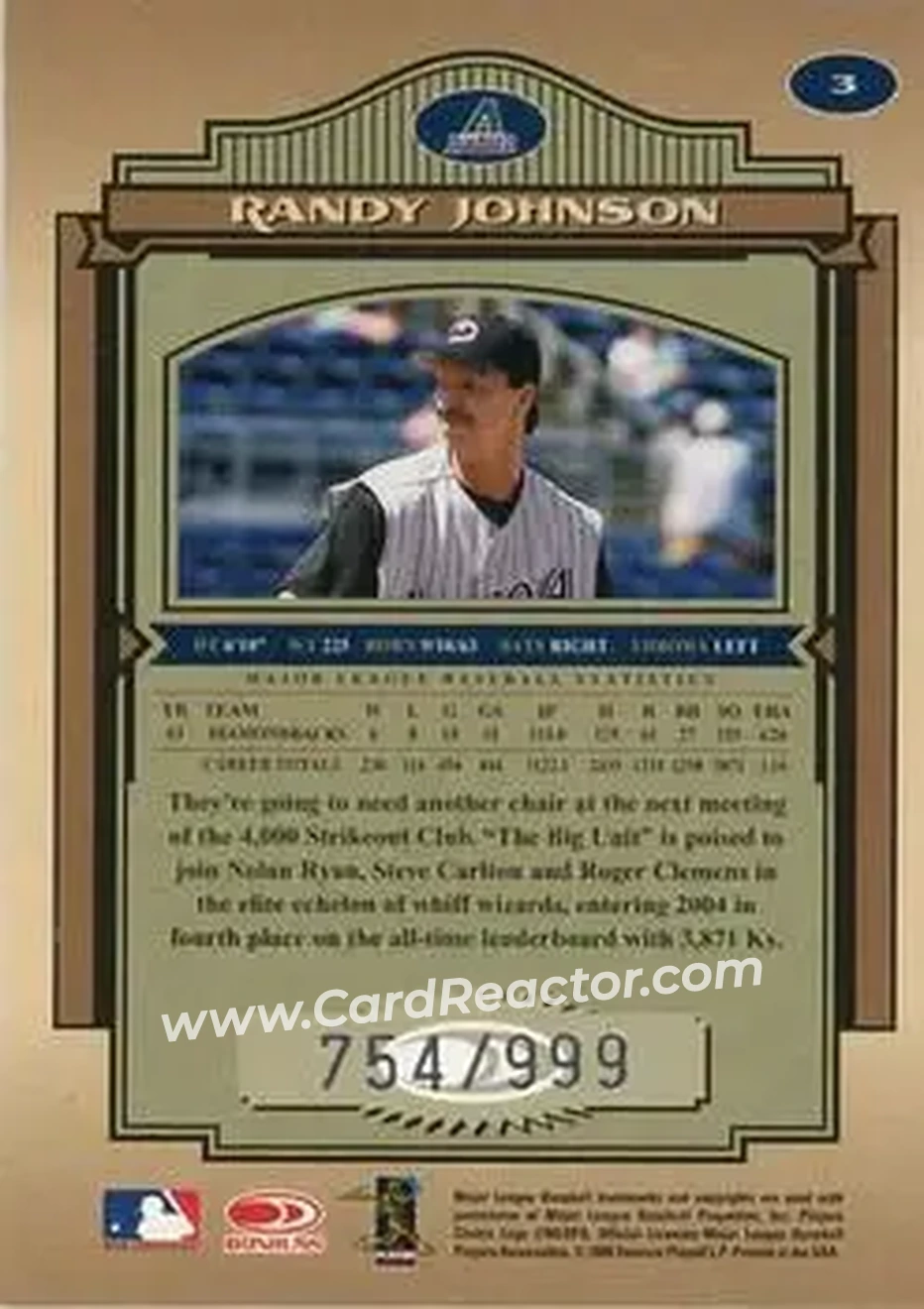 2004 Donruss Timeless Treasures #3 - Randy Johnson - Arizona Diamondbacks - Back 2004 Donruss Timeless Treasures #3 - Randy Johnson - Arizona Diamondbacks - Back