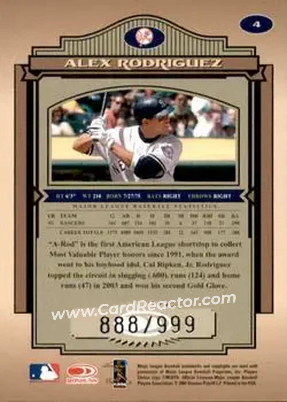 2004 Donruss Timeless Treasures #4 - Alex Rodriguez - New York Yankees - Back