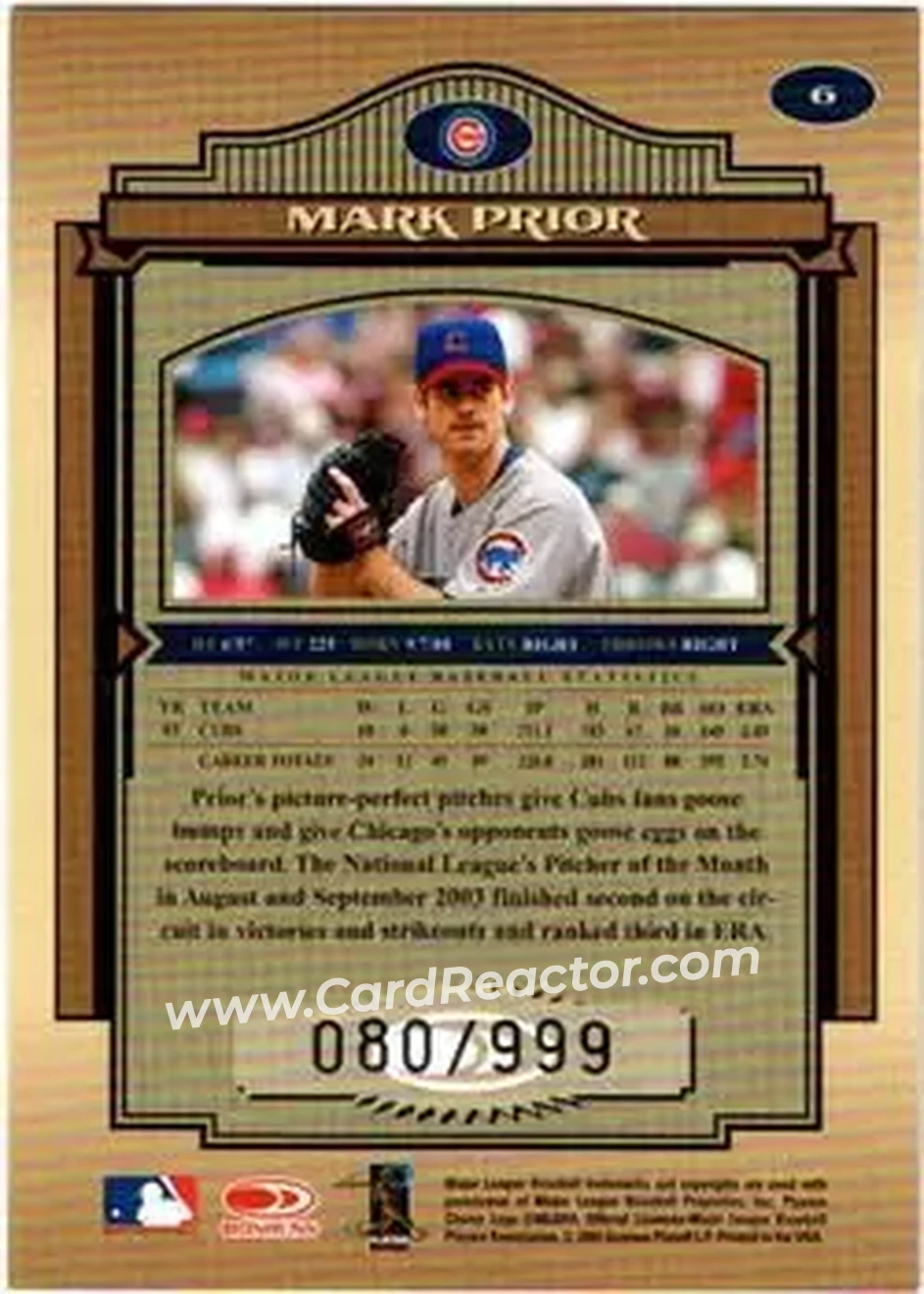 2004 Donruss Timeless Treasures #6 - Mark Prior - Chicago Cubs - Back 2004 Donruss Timeless Treasures #6 - Mark Prior - Chicago Cubs - Back