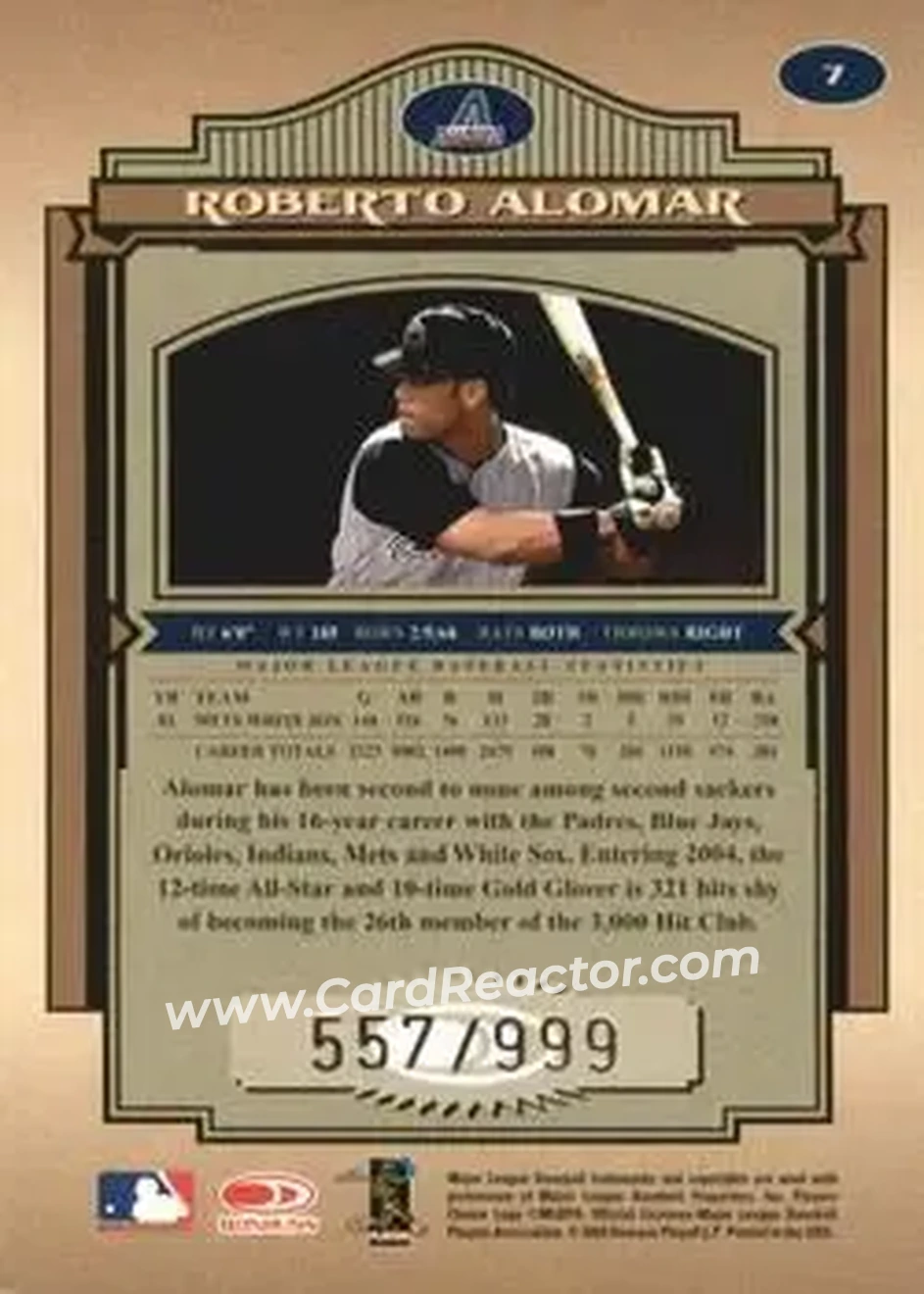2004 Donruss Timeless Treasures #7 - Roberto Alomar - Arizona Diamondbacks - Back