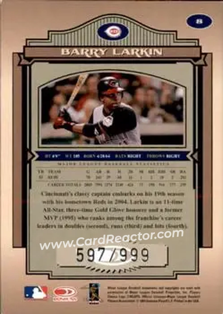 2004 Donruss Timeless Treasures #8 - Barry Larkin - Cincinnati Reds - Back 2004 Donruss Timeless Treasures #8 - Barry Larkin - Cincinnati Reds - Back