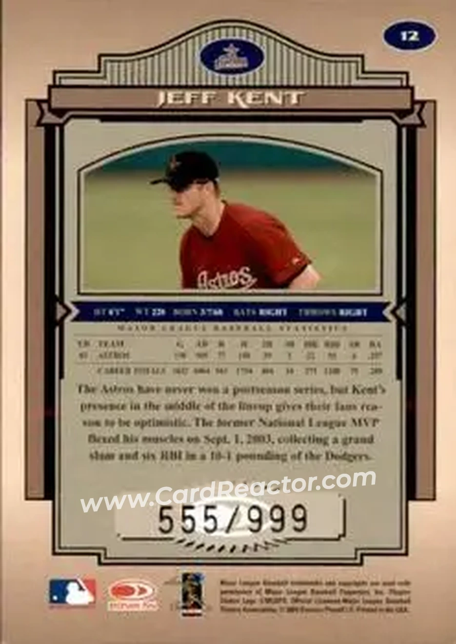 2004 Donruss Timeless Treasures #12 - Jeff Kent - Houston Astros - Back