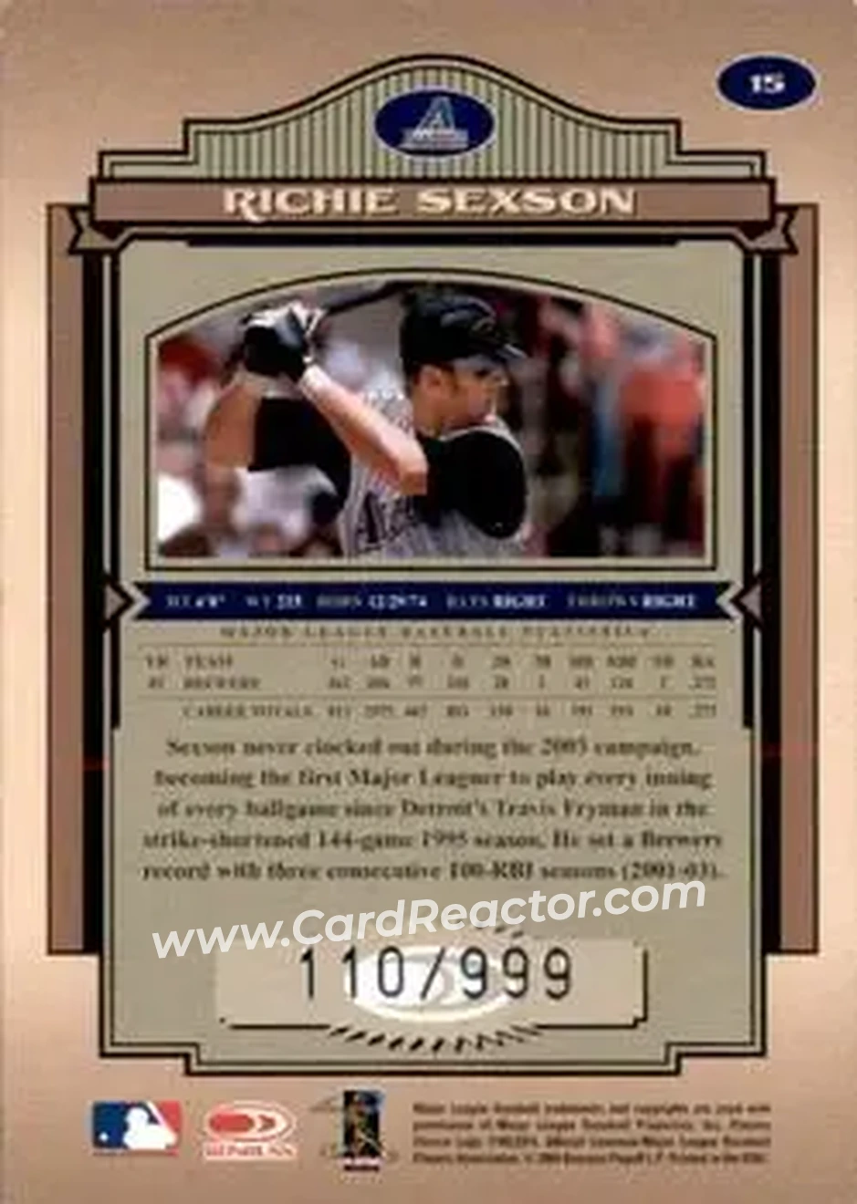 2004 Donruss Timeless Treasures #15 - Richie Sexson - Arizona Diamondbacks - Back
