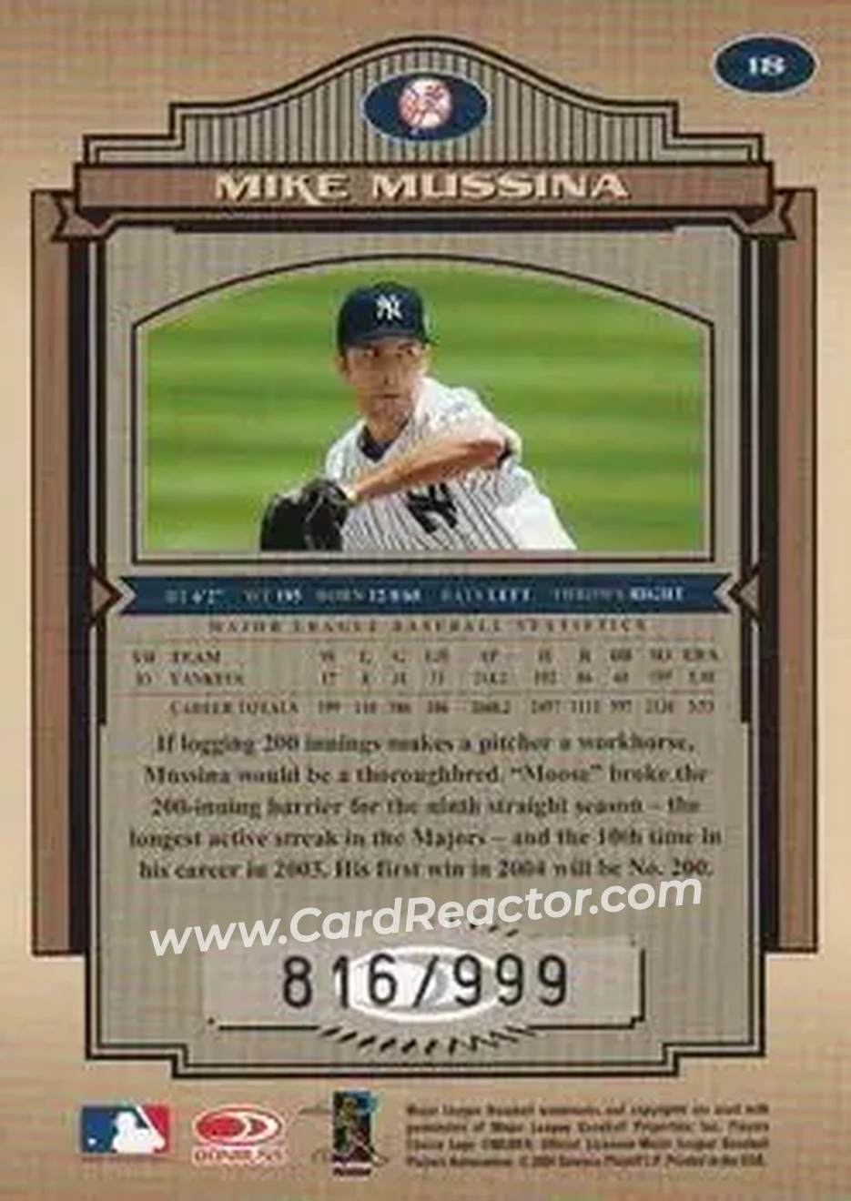 2004 Donruss Timeless Treasures #18 - Mike Mussina - New York Yankees - Back