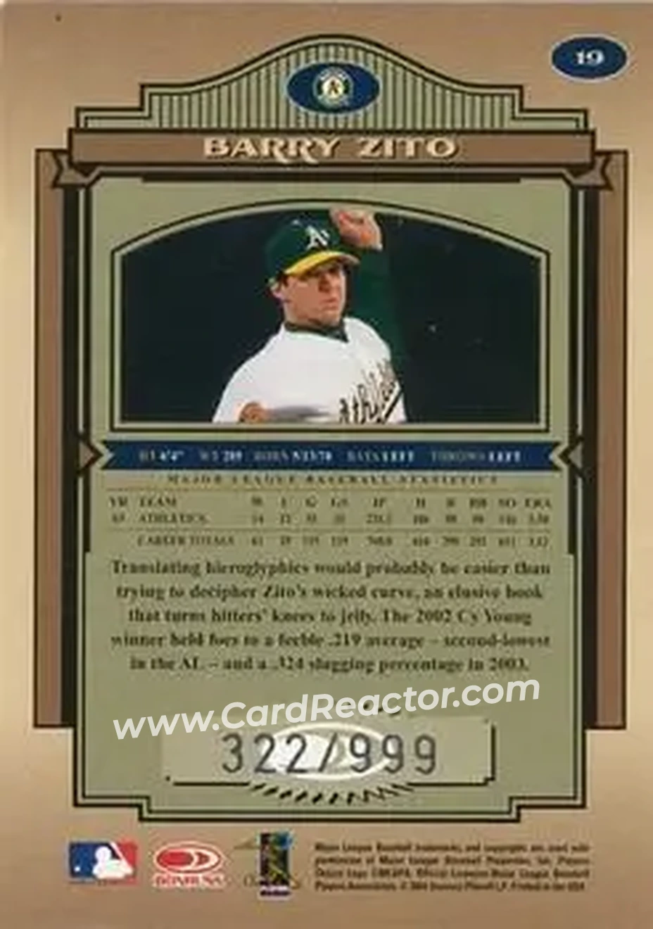 2004 Donruss Timeless Treasures #19 - Barry Zito - Oakland Athletics - Back