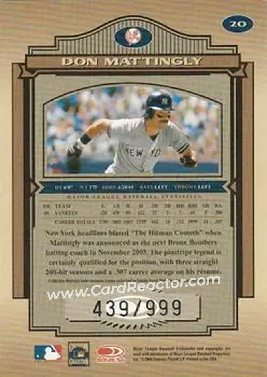 2004 Donruss Timeless Treasures #20 - Don Mattingly - New York Yankees - Back