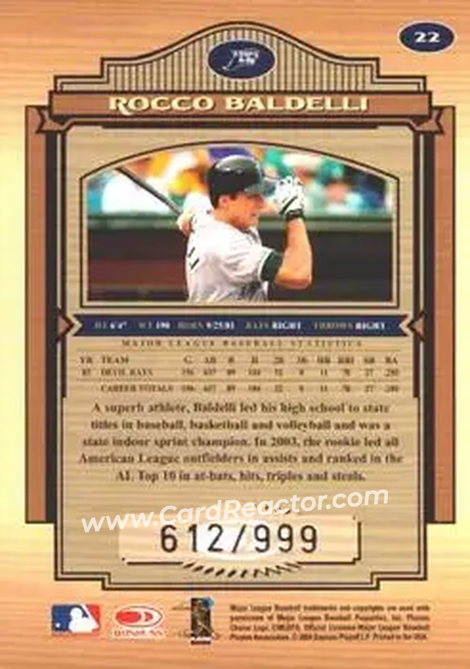 2004 Donruss Timeless Treasures #22 - Rocco Baldelli - Tampa Bay Devil Rays - Back