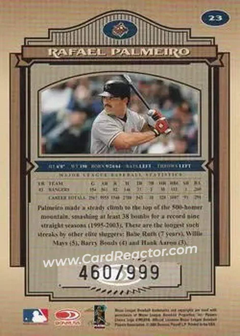 2004 Donruss Timeless Treasures #23 - Rafael Palmeiro - Baltimore Orioles - Back 2004 Donruss Timeless Treasures #23 - Rafael Palmeiro - Baltimore Orioles - Back
