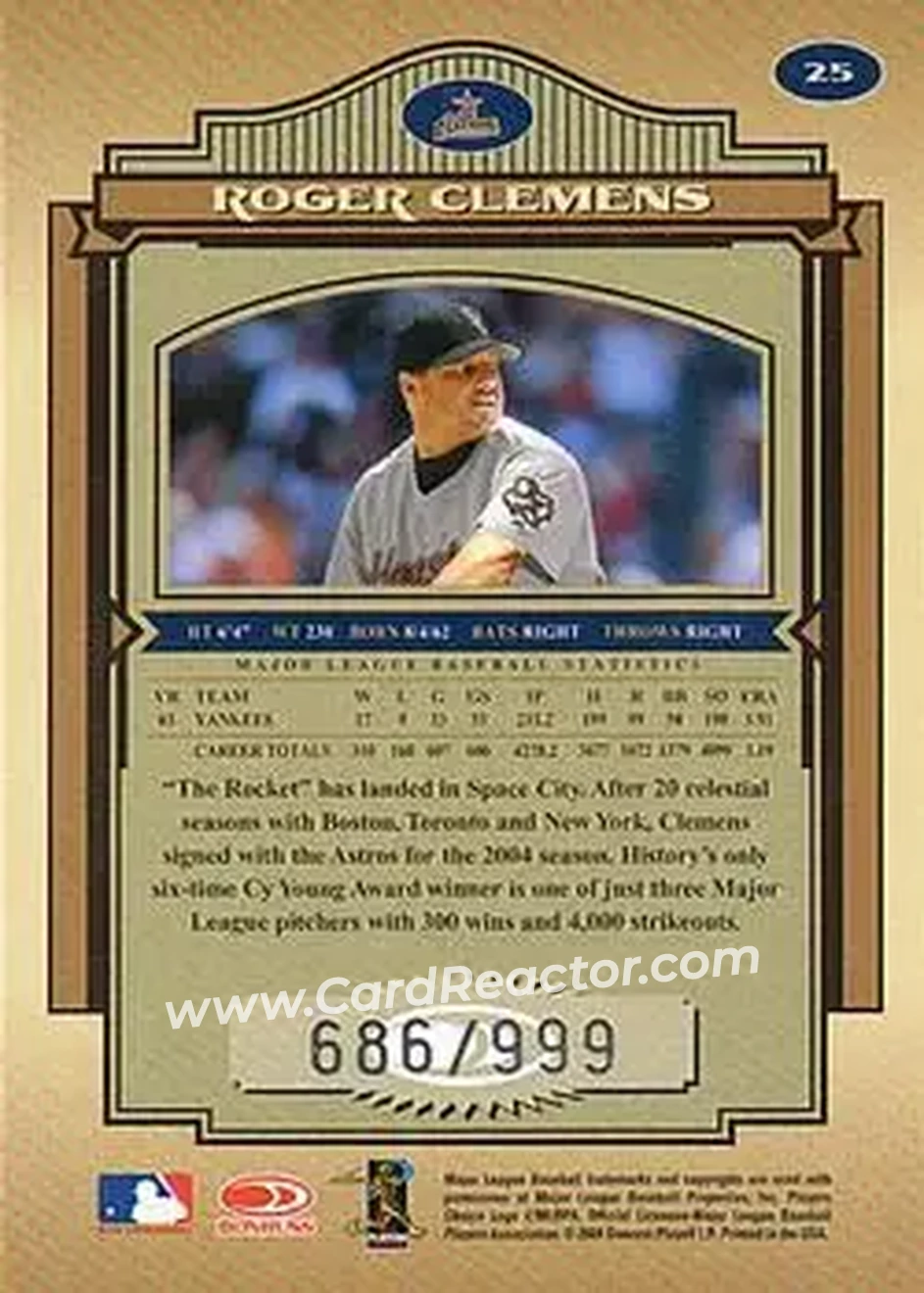 2004 Donruss Timeless Treasures #25 - Roger Clemens - Houston Astros - Back