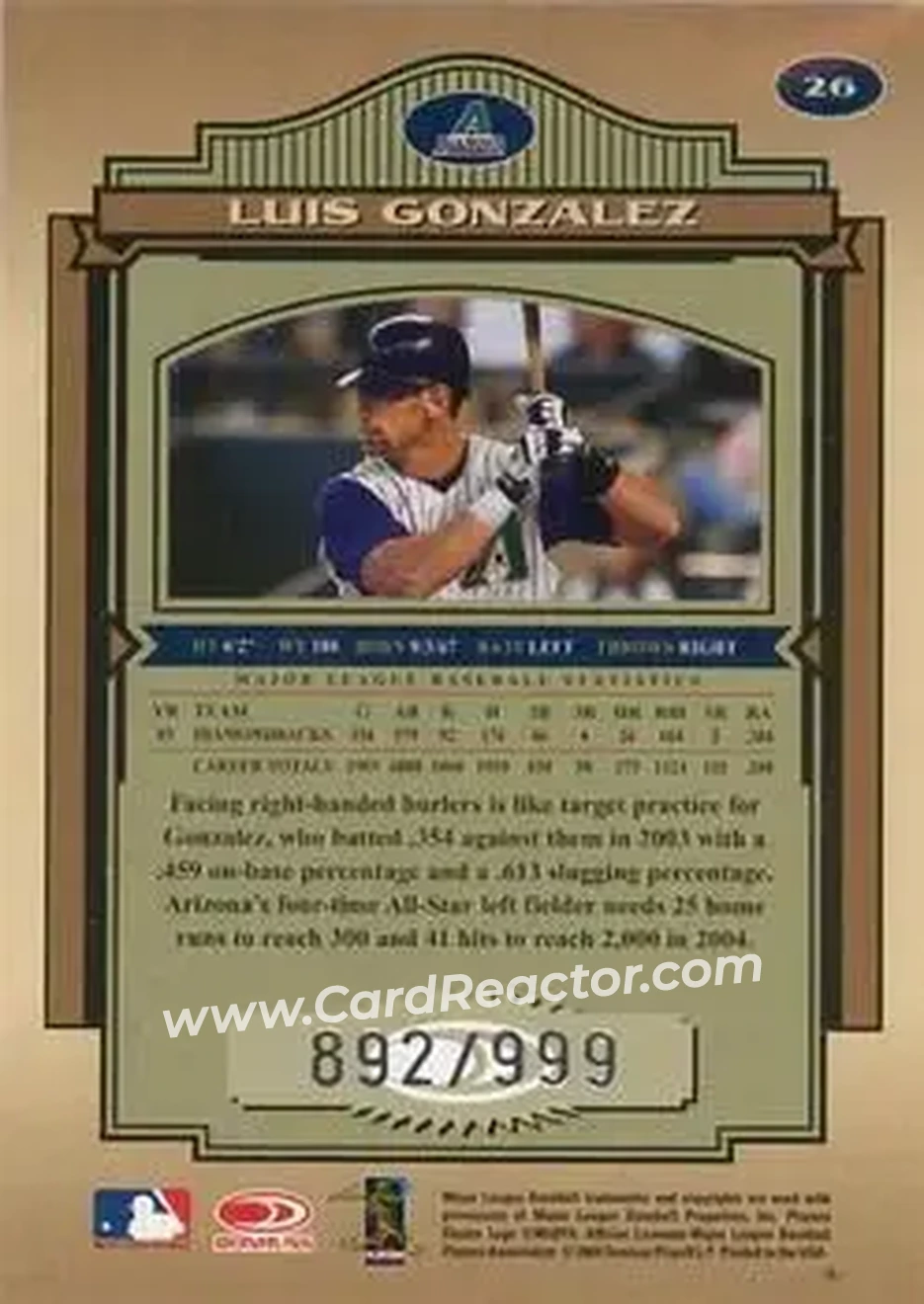 2004 Donruss Timeless Treasures #26 - Luis Gonzalez - Arizona Diamondbacks - Back 2004 Donruss Timeless Treasures #26 - Luis Gonzalez - Arizona Diamondbacks - Back