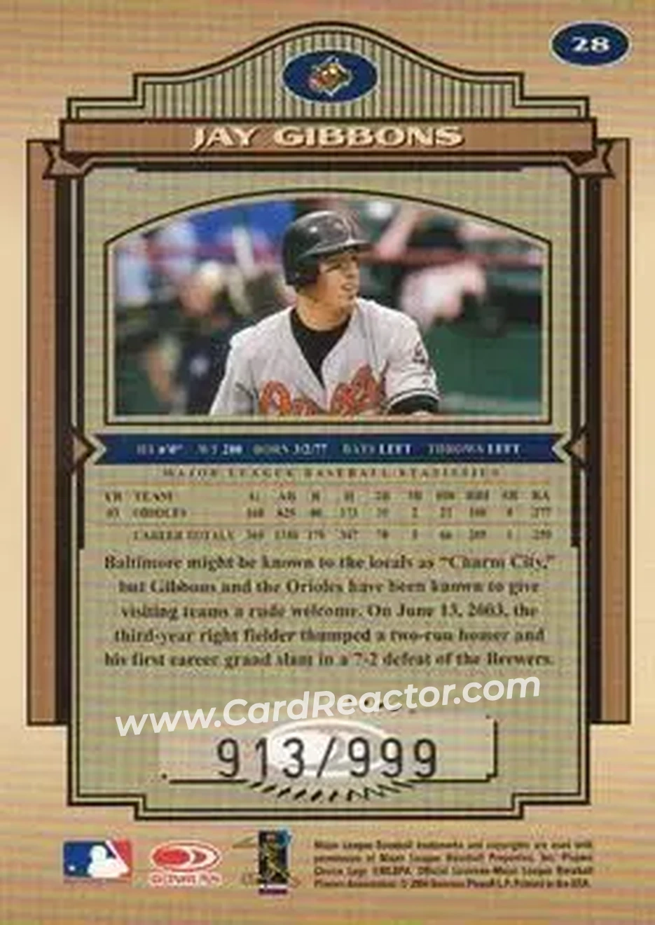2004 Donruss Timeless Treasures #28 - Jay Gibbons - Baltimore Orioles - Back