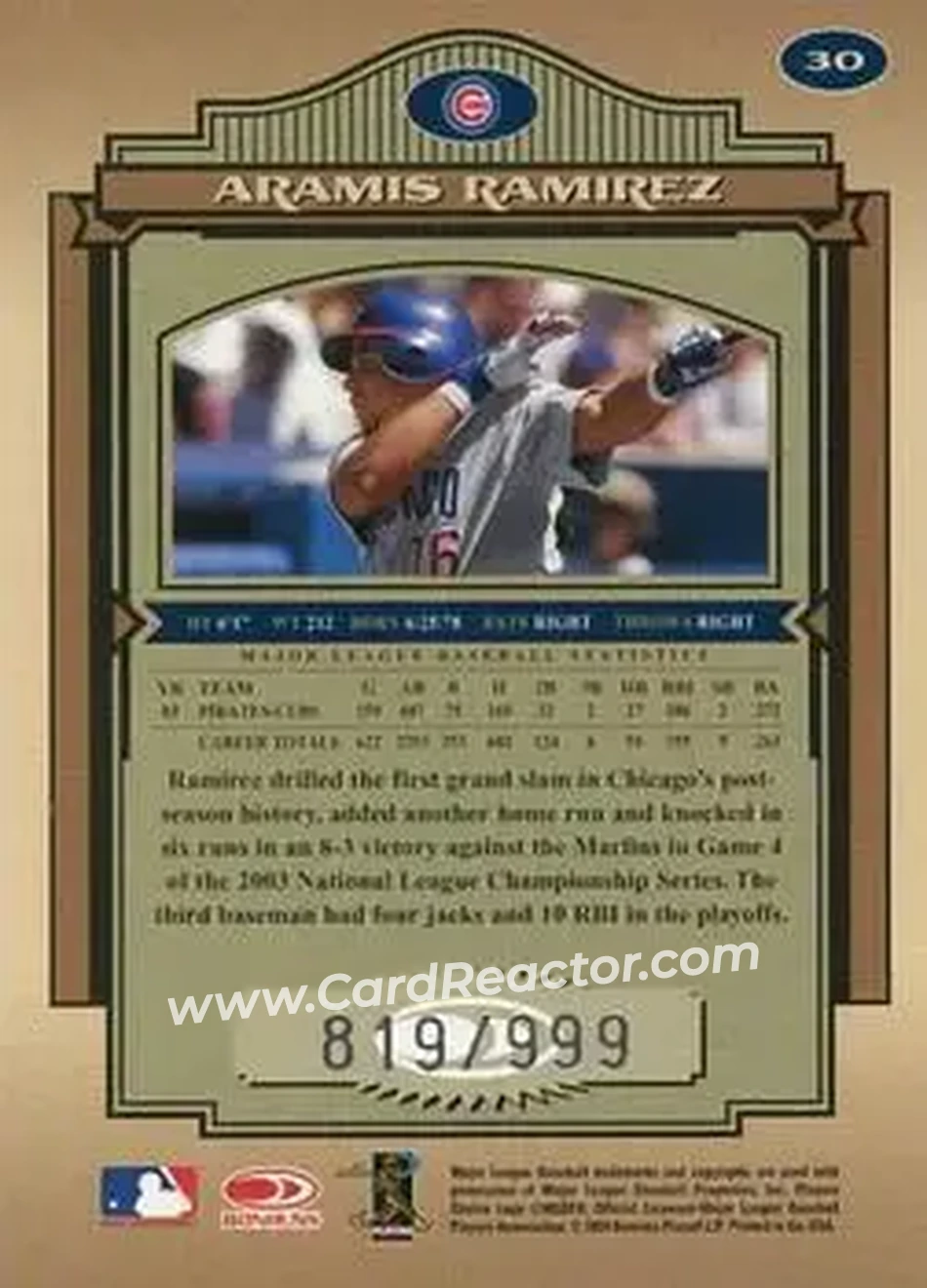 2004 Donruss Timeless Treasures #30 - Aramis Ramirez - Chicago Cubs - Back