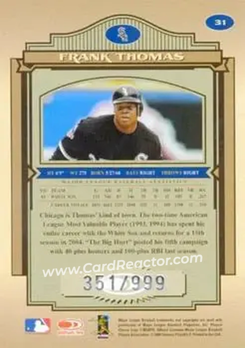 2004 Donruss Timeless Treasures #31 - Frank Thomas - Chicago White Sox - Back 2004 Donruss Timeless Treasures #31 - Frank Thomas - Chicago White Sox - Back
