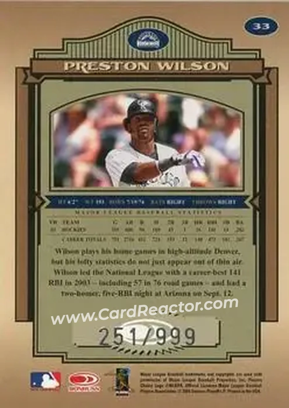 2004 Donruss Timeless Treasures #33 - Preston Wilson - Colorado Rockies - Back