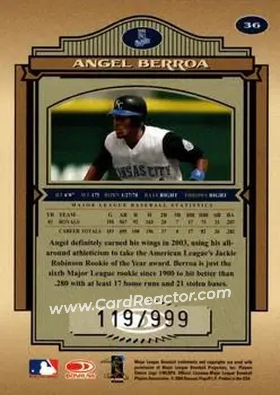 2004 Donruss Timeless Treasures #36 - Angel Berroa - Kansas City Royals - Back