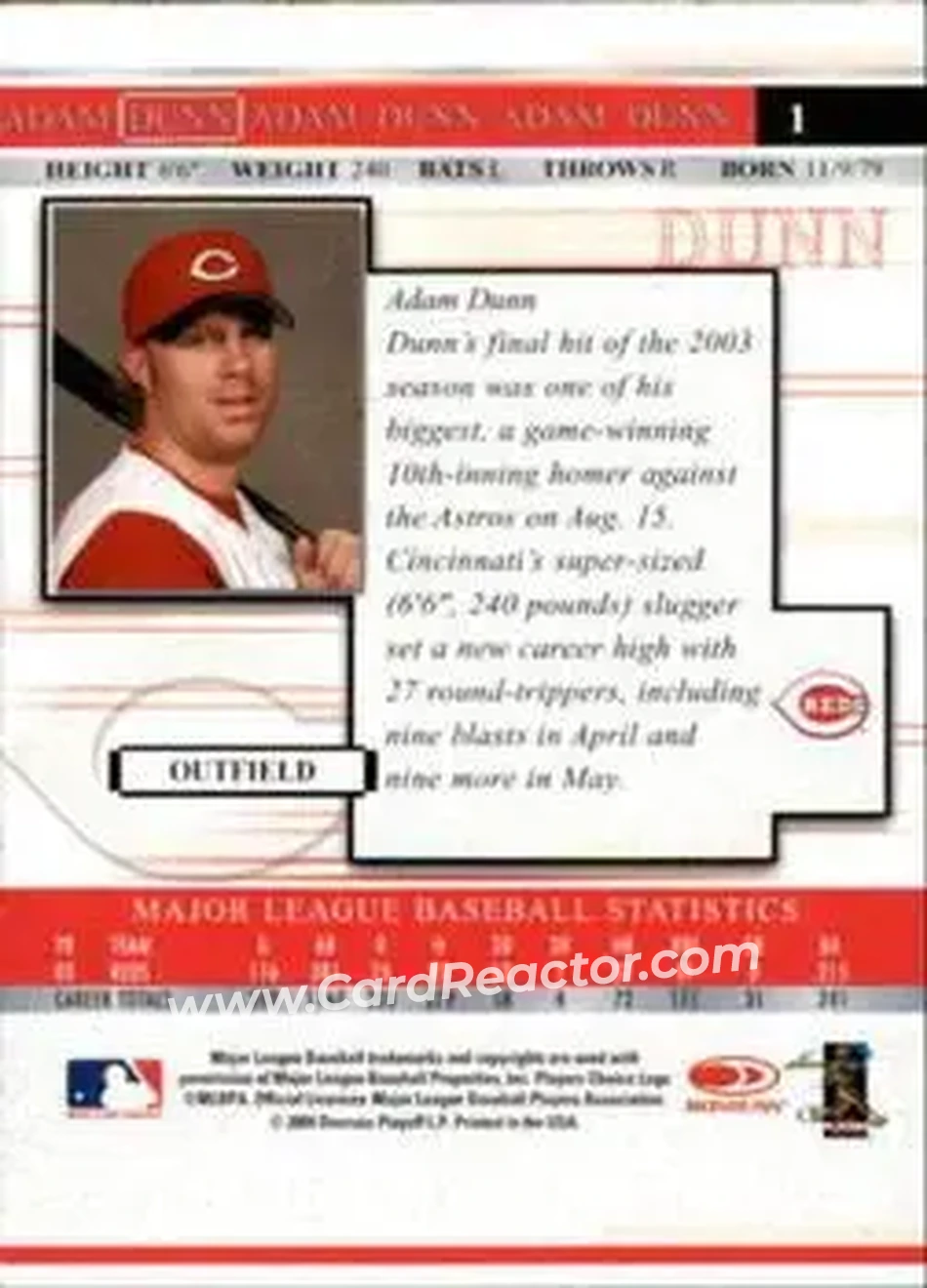 2004 Donruss Timelines #1 - Adam Dunn - Cincinnati Reds - Back 2004 Donruss Timelines #1 - Adam Dunn - Cincinnati Reds - Back