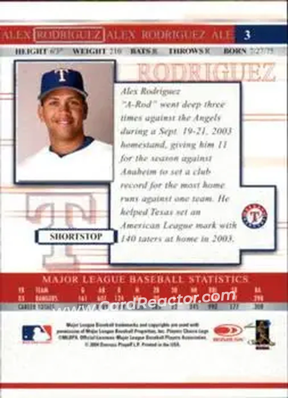 2004 Donruss Timelines #3 - Alex Rodriguez - Texas Rangers - Back