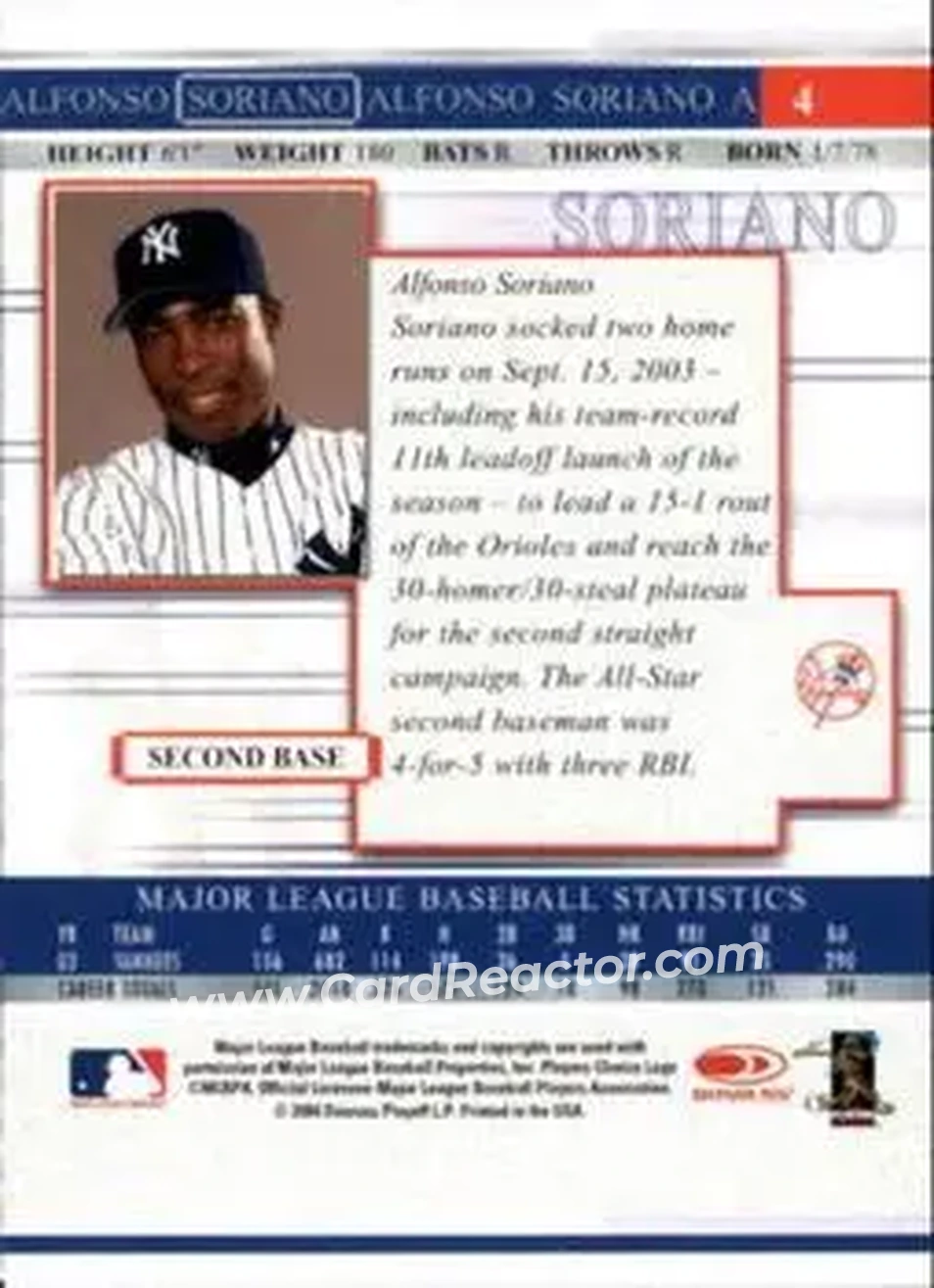 2004 Donruss Timelines #4 - Alfonso Soriano - New York Yankees - Back
