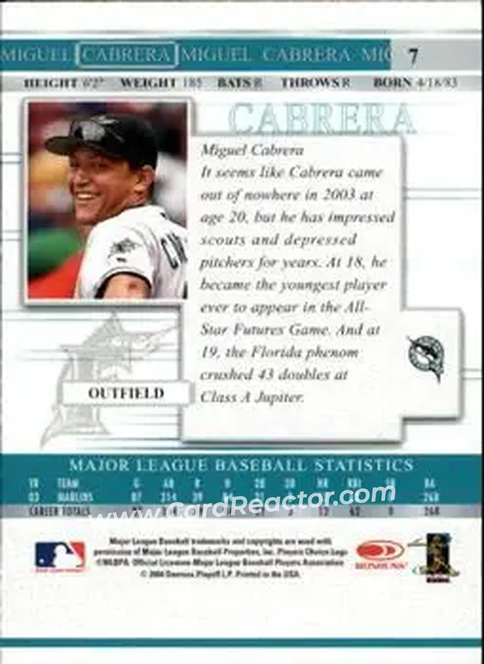 2004 Donruss Timelines #7 - Miguel Cabrera - Florida Marlins - Back