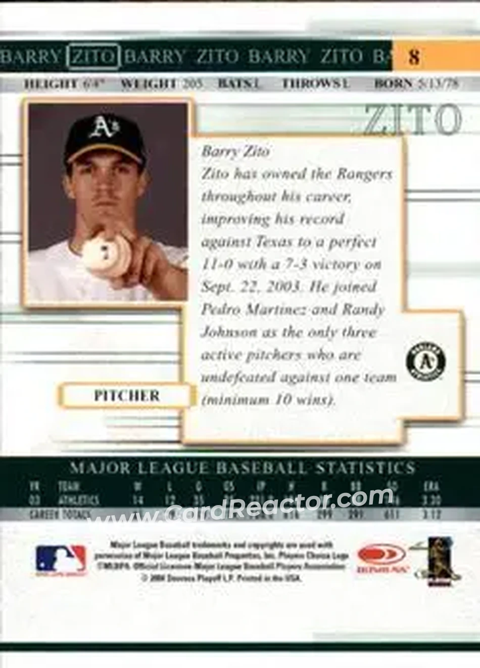 2004 Donruss Timelines #8 - Barry Zito - Oakland Athletics - Back