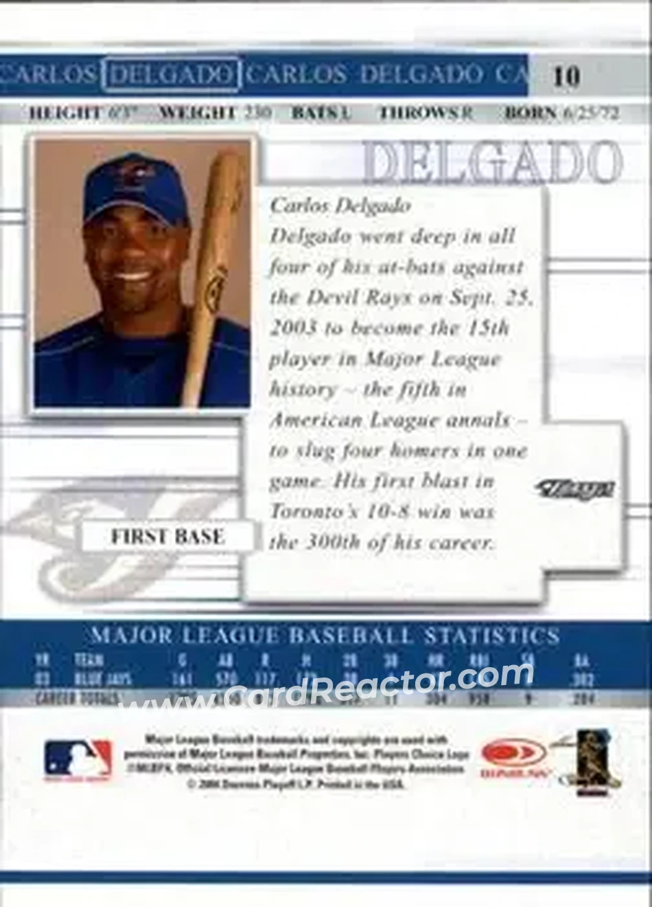 2004 Donruss Timelines #10 - Carlos Delgado - Toronto Blue Jays - Back