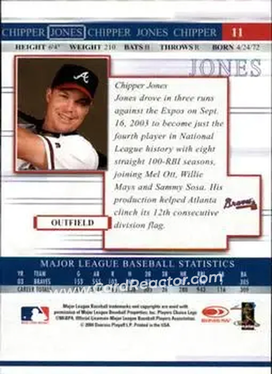 2004 Donruss Timelines #11 - Chipper Jones - Atlanta Braves - Back 2004 Donruss Timelines #11 - Chipper Jones - Atlanta Braves - Back