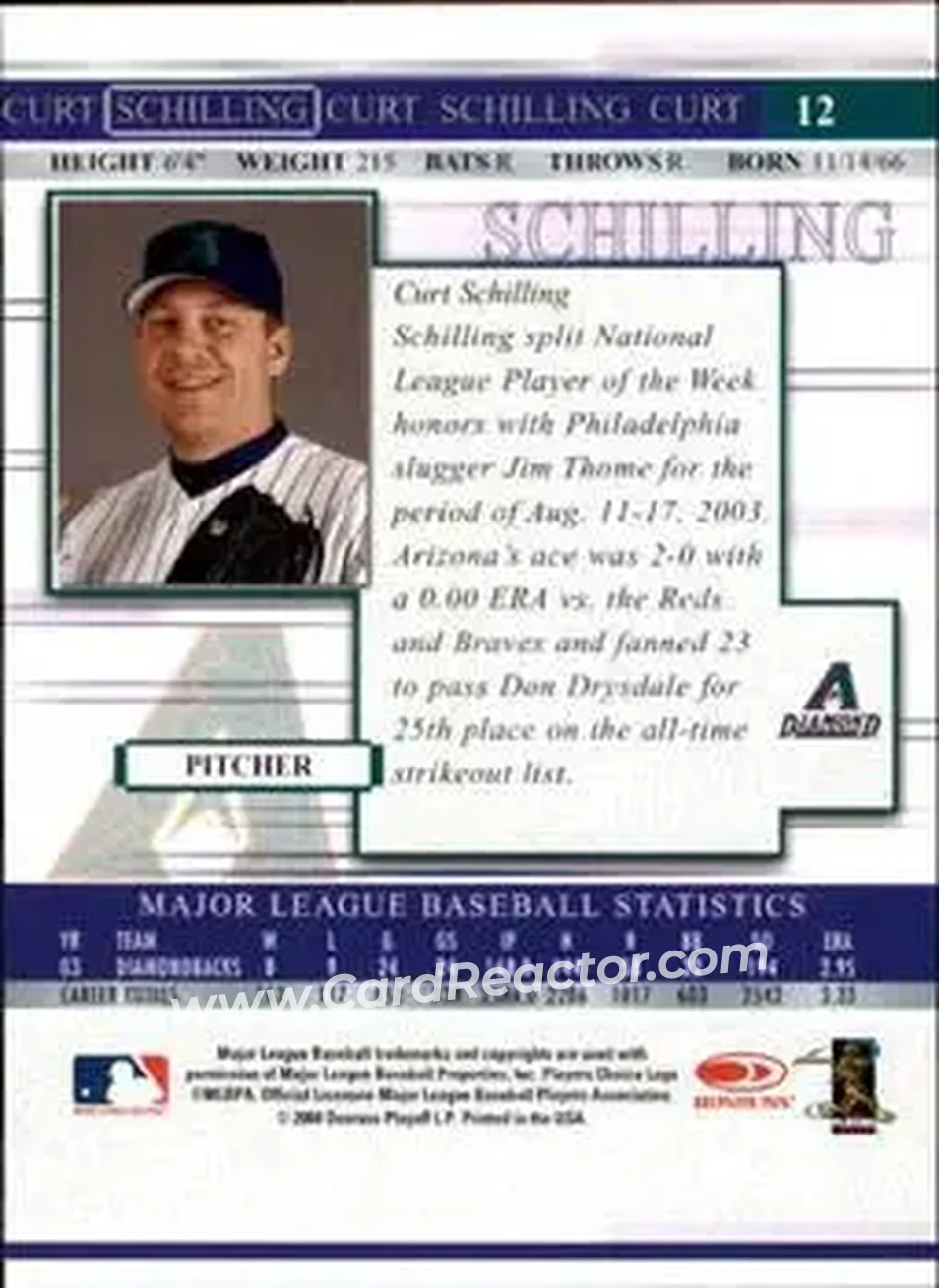 2004 Donruss Timelines #12 - Curt Schilling - Arizona Diamondbacks - Back
