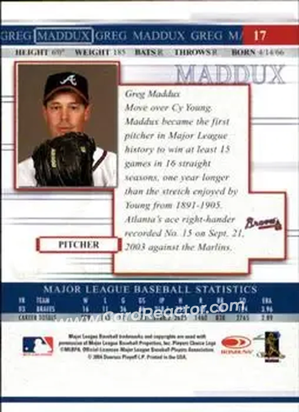 2004 Donruss Timelines #17 - Greg Maddux - Atlanta Braves - Back