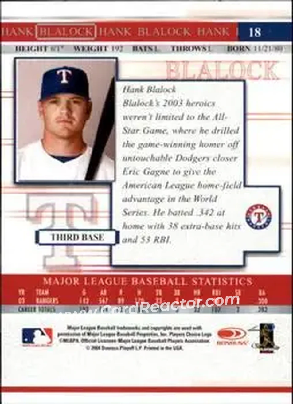 2004 Donruss Timelines #18 - Hank Blalock - Texas Rangers - Back
