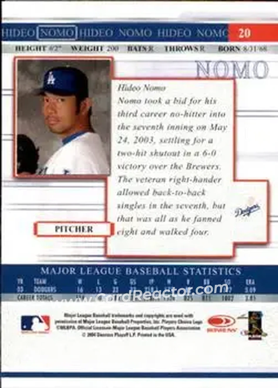 2004 Donruss Timelines #20 - Hideo Nomo - Los Angeles Dodgers - Back