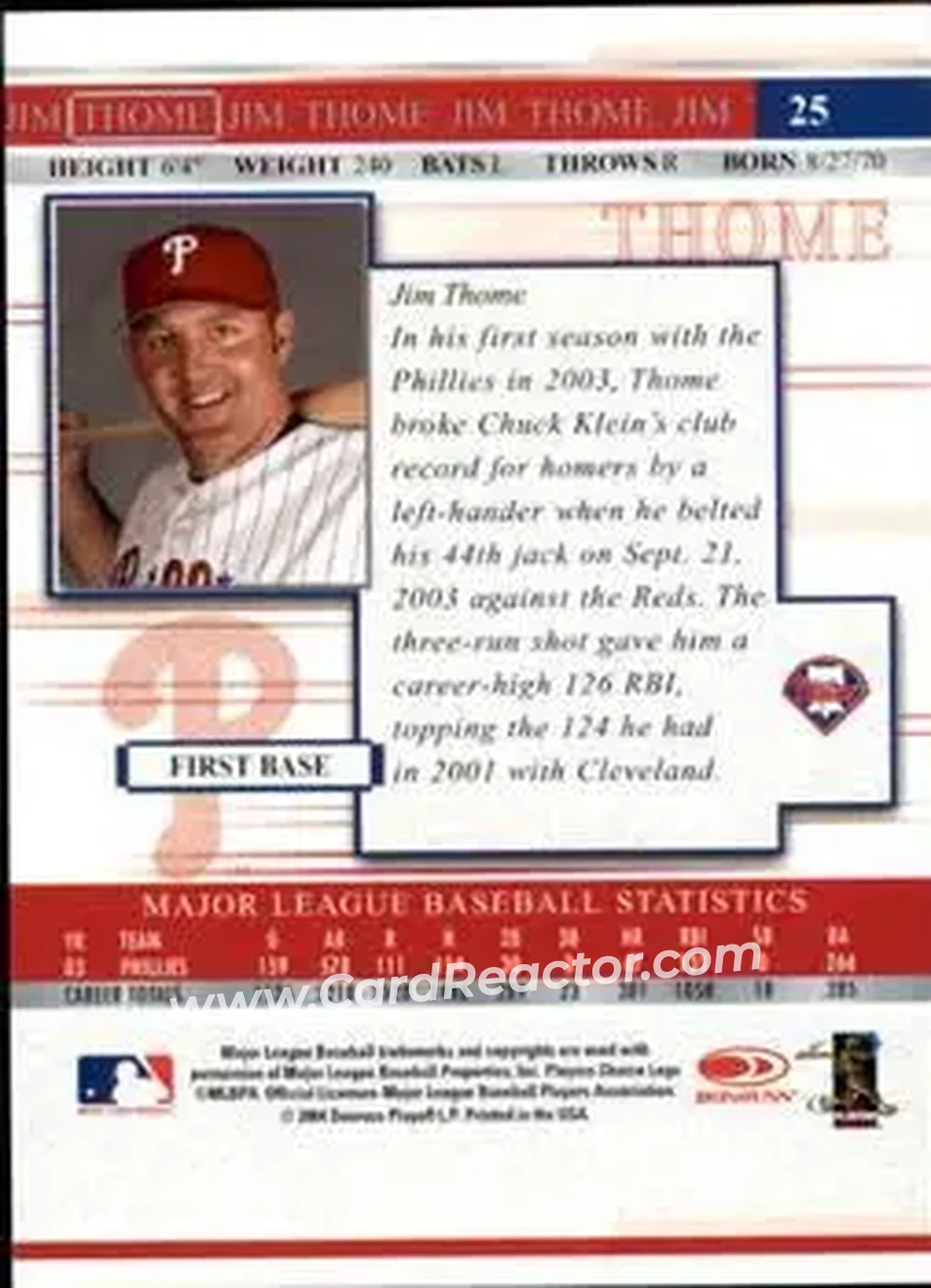 2004 Donruss Timelines #25 - Jim Thome - Philadelphia Phillies - Back 2004 Donruss Timelines #25 - Jim Thome - Philadelphia Phillies - Back