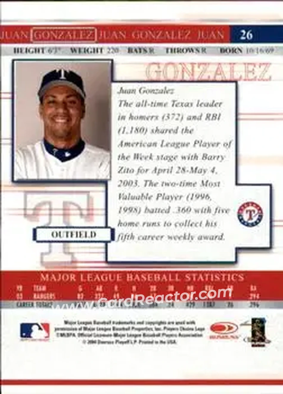 2004 Donruss Timelines #26 - Juan Gonzalez - Texas Rangers - Back