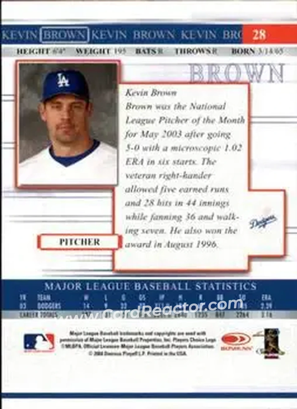 2004 Donruss Timelines #28 - Kevin Brown - Los Angeles Dodgers - Back