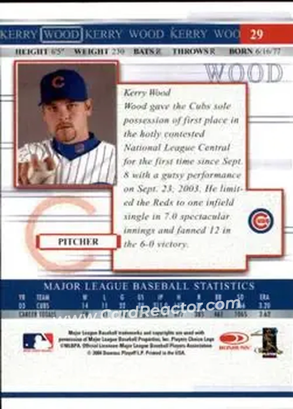 2004 Donruss Timelines #29 - Kerry Wood - Chicago Cubs - Back