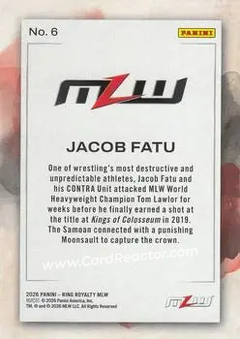 2026 Panini Ring Royalty MLW - Water Color #6 - Jacob Fatu - Back 2026 Panini Ring Royalty MLW - Water Color #6 - Jacob Fatu - Back