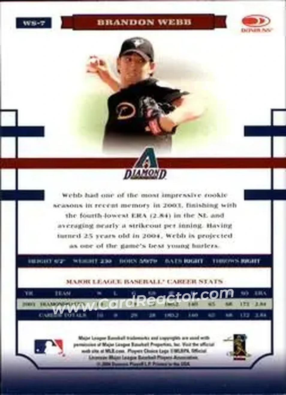 2004 Donruss World Series #WS-7 - Brandon Webb - Arizona Diamondbacks - Back