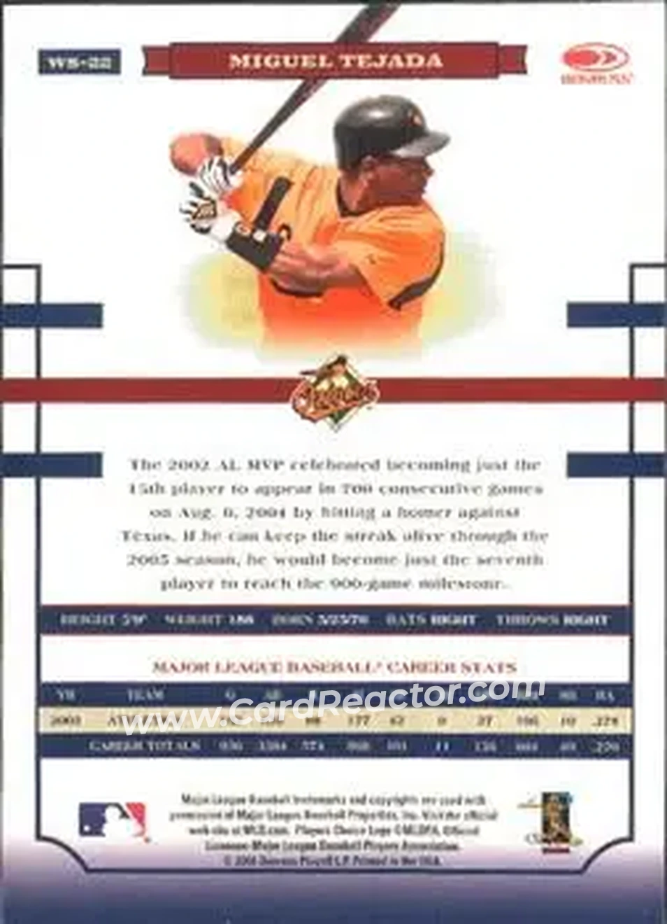 2004 Donruss World Series #WS-22 - Miguel Tejada - Baltimore Orioles - Back 2004 Donruss World Series #WS-22 - Miguel Tejada - Baltimore Orioles - Back