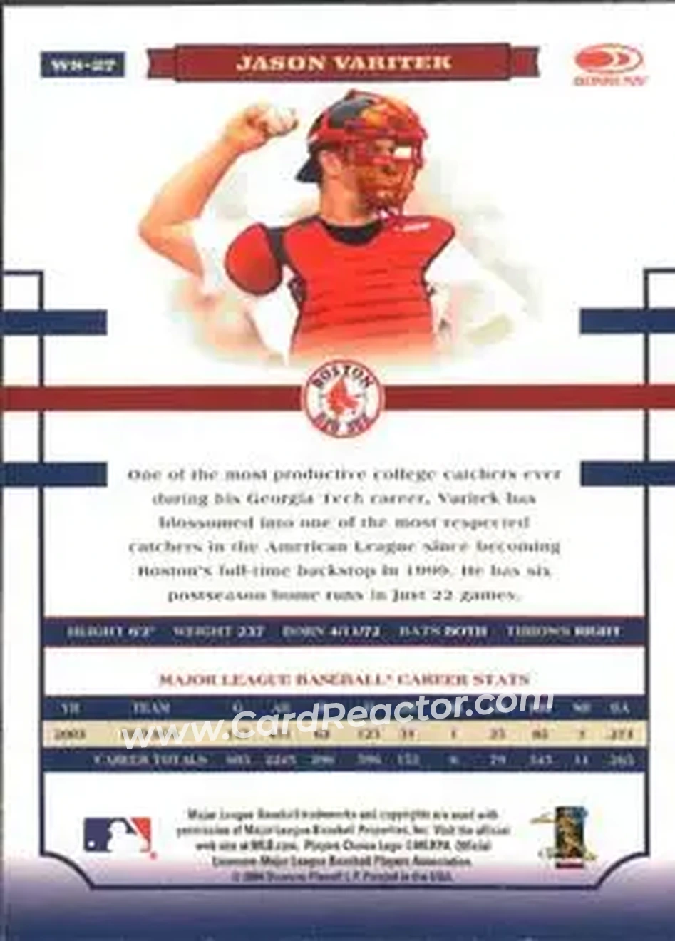 2004 Donruss World Series #WS-27 - Jason Varitek - Boston Red Sox - Back 2004 Donruss World Series #WS-27 - Jason Varitek - Boston Red Sox - Back