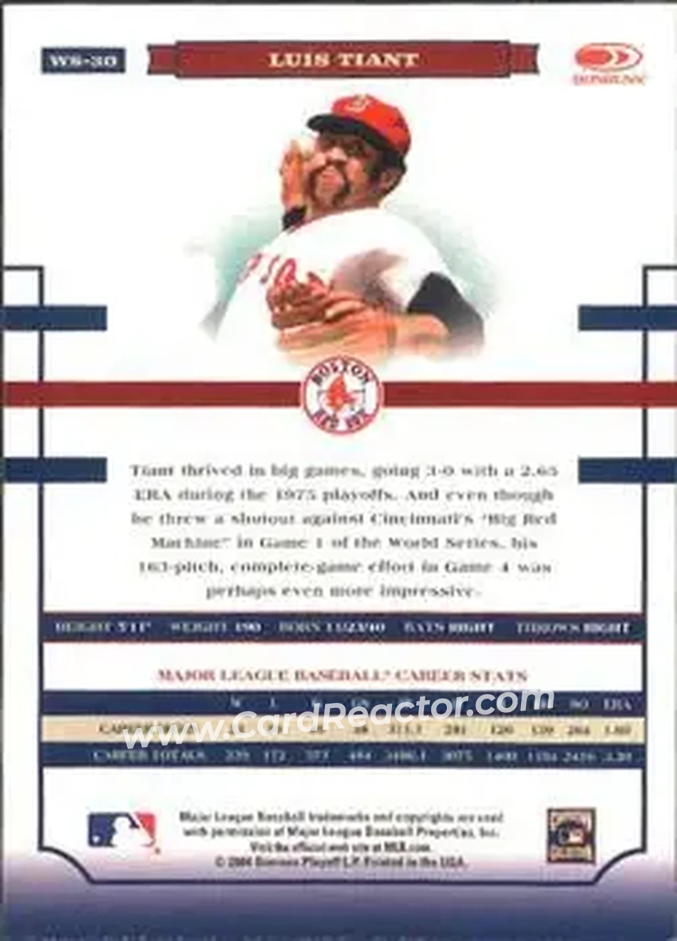 2004 Donruss World Series #WS-30 - Luis Tiant - Boston Red Sox - Back