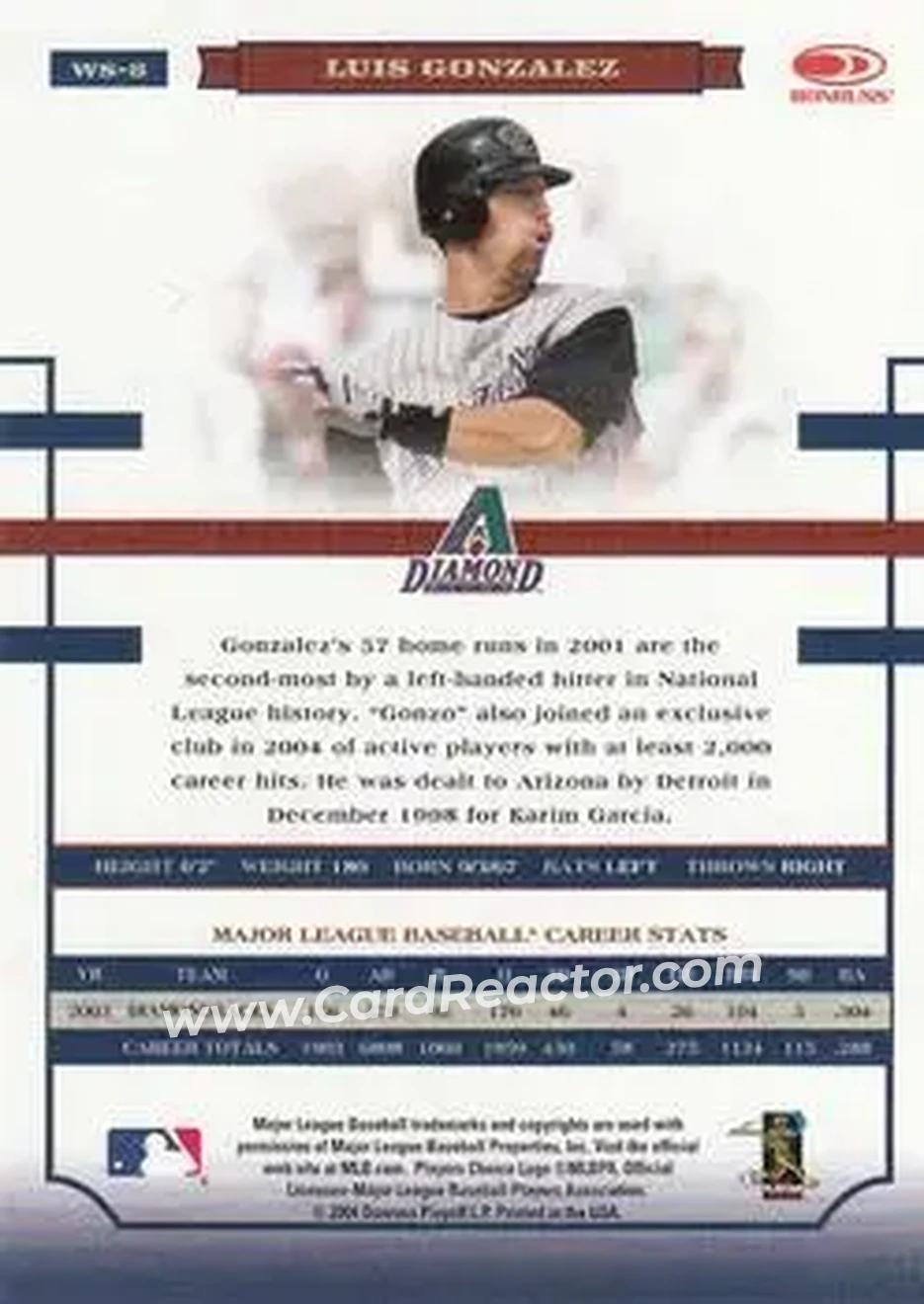 2004 Donruss World Series #WS-8 - Luis Gonzalez - Arizona Diamondbacks - Back