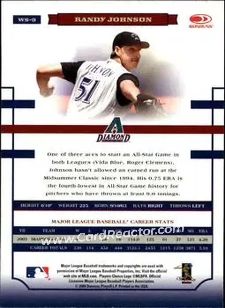 2004 Donruss World Series #WS-9 - Randy Johnson - Arizona Diamondbacks - Back