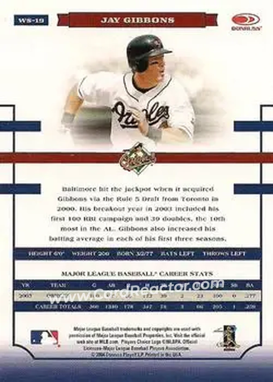 2004 Donruss World Series #WS-19 - Jay Gibbons - Baltimore Orioles - Back
