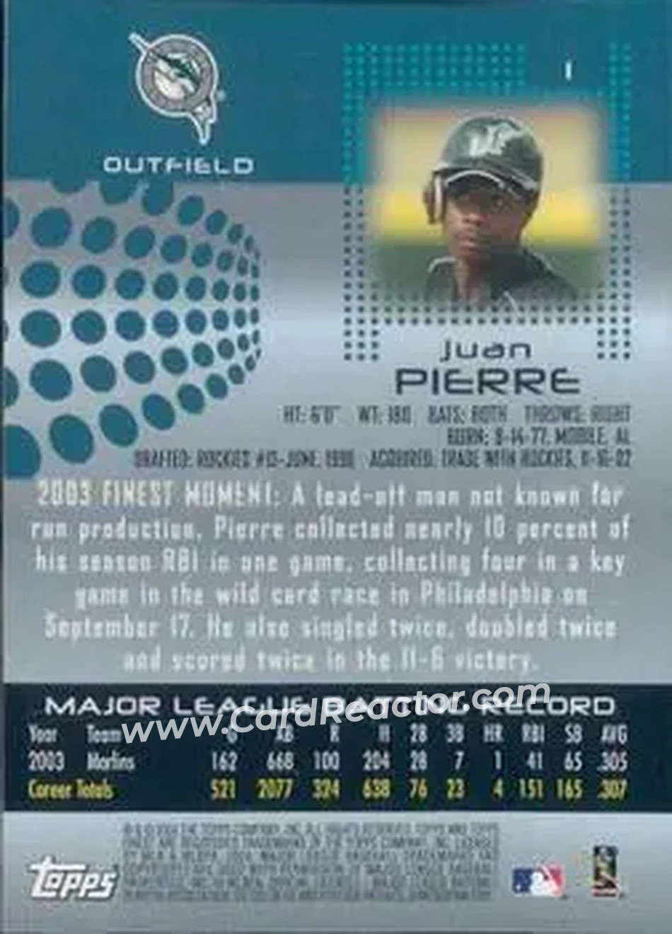 2004 Finest #1 - Juan Pierre - Florida Marlins - Back