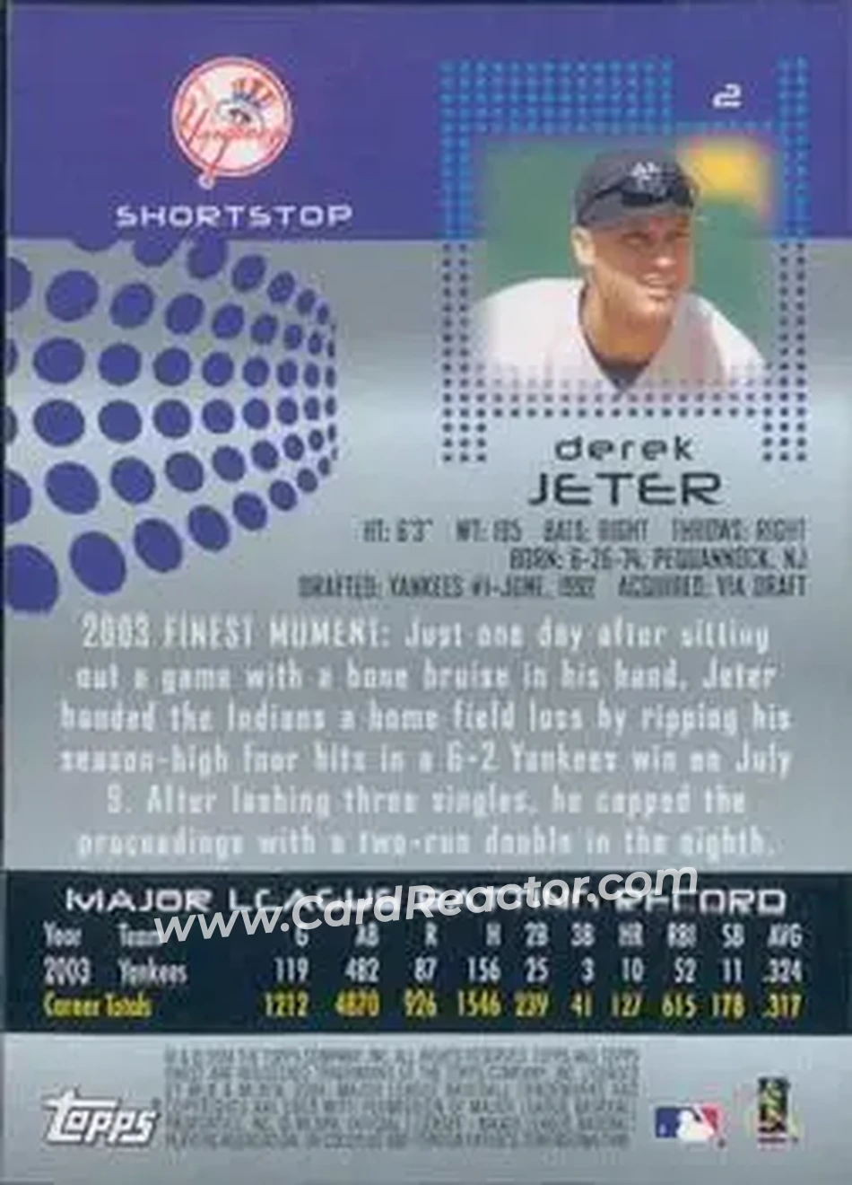 2004 Finest #2 - Derek Jeter - New York Yankees - Back