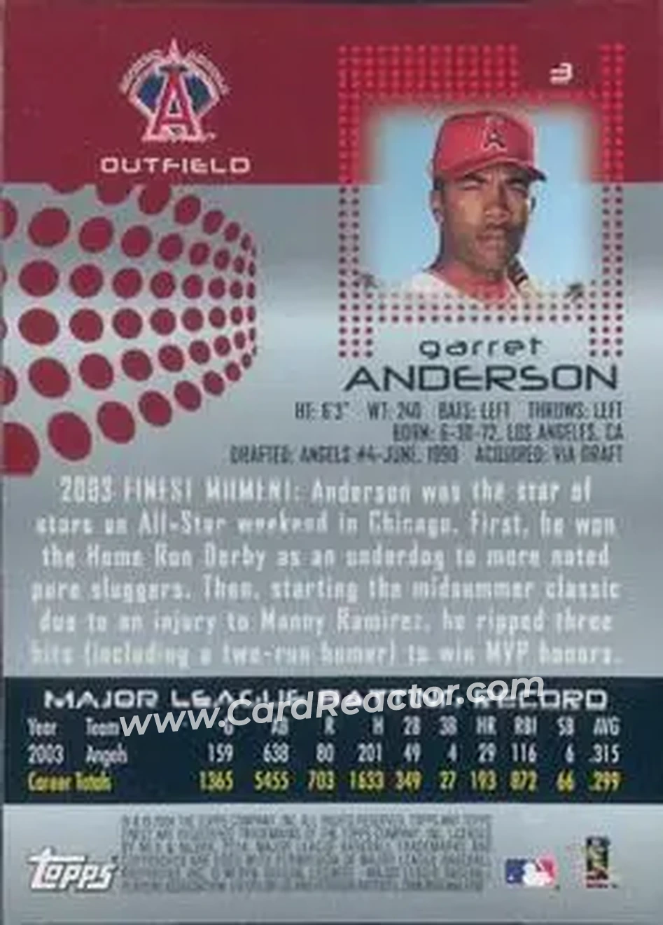 2004 Finest #3 - Garret Anderson - Anaheim Angels - Back 2004 Finest #3 - Garret Anderson - Anaheim Angels - Back