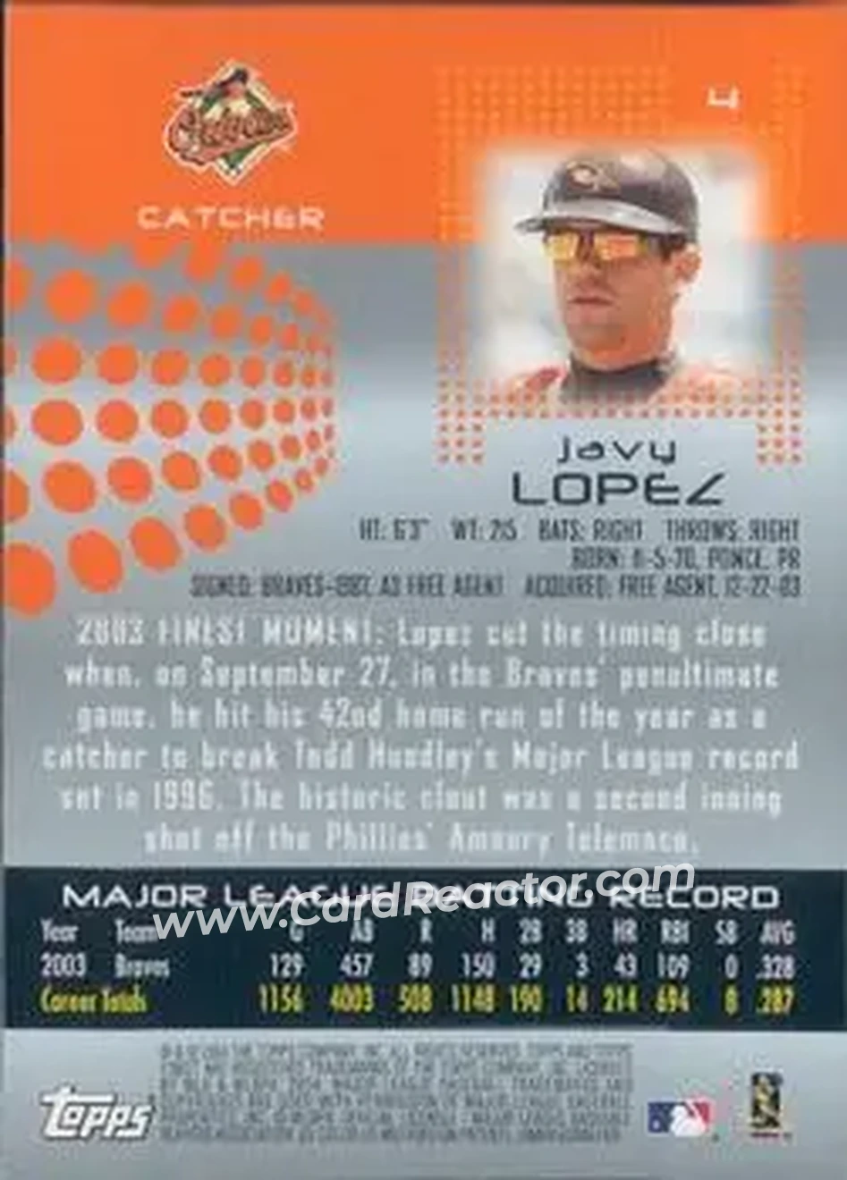 2004 Finest #4 - Javier Lopez - Baltimore Orioles - Back