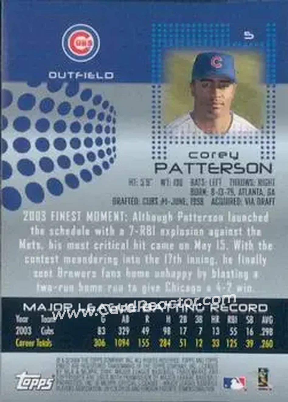 2004 Finest #5 - Corey Patterson - Chicago Cubs - Back