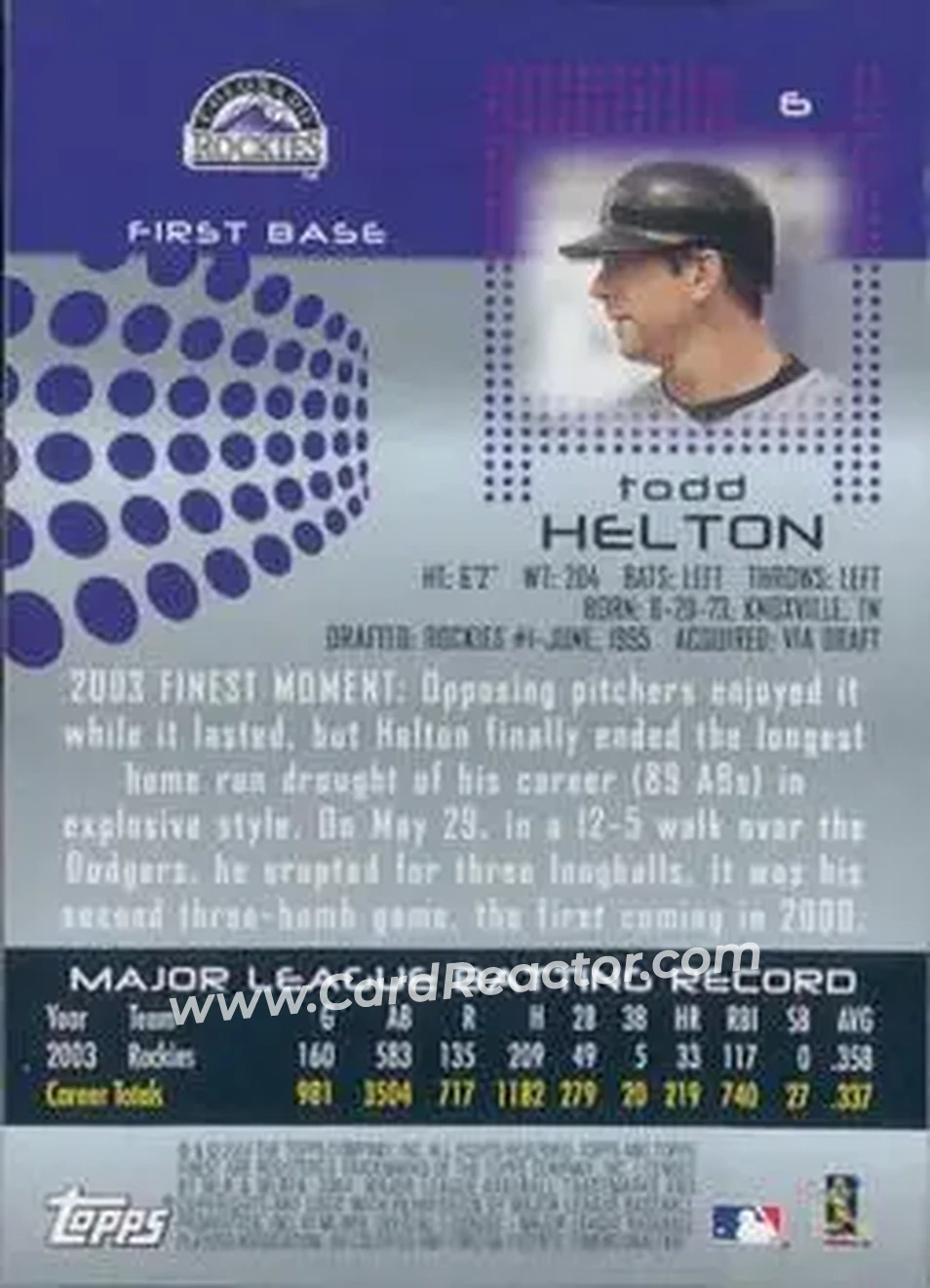 2004 Finest #6 - Todd Helton - Colorado Rockies - Back