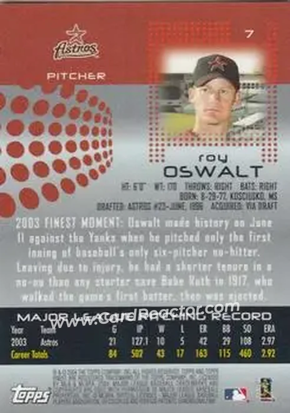 2004 Finest #7 - Roy Oswalt - Houston Astros - Back