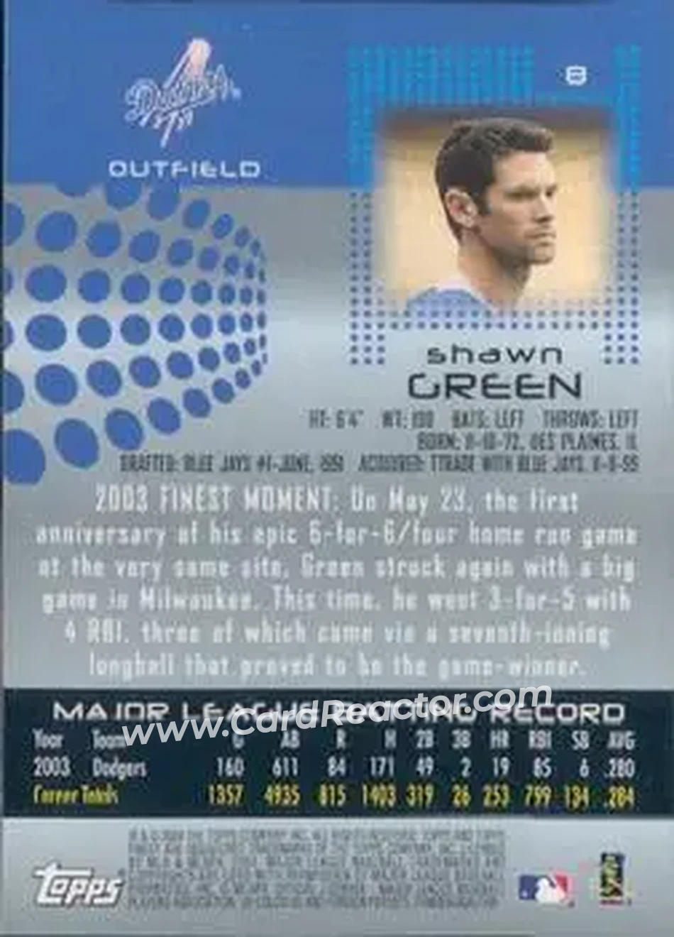 2004 Finest #8 - Shawn Green - Los Angeles Dodgers - Back